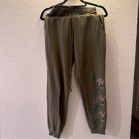 MTV Olive Green Joggers XS Retro Logo Comfy Drawstring Waist Lounge Vintage - Picture 1 of 6